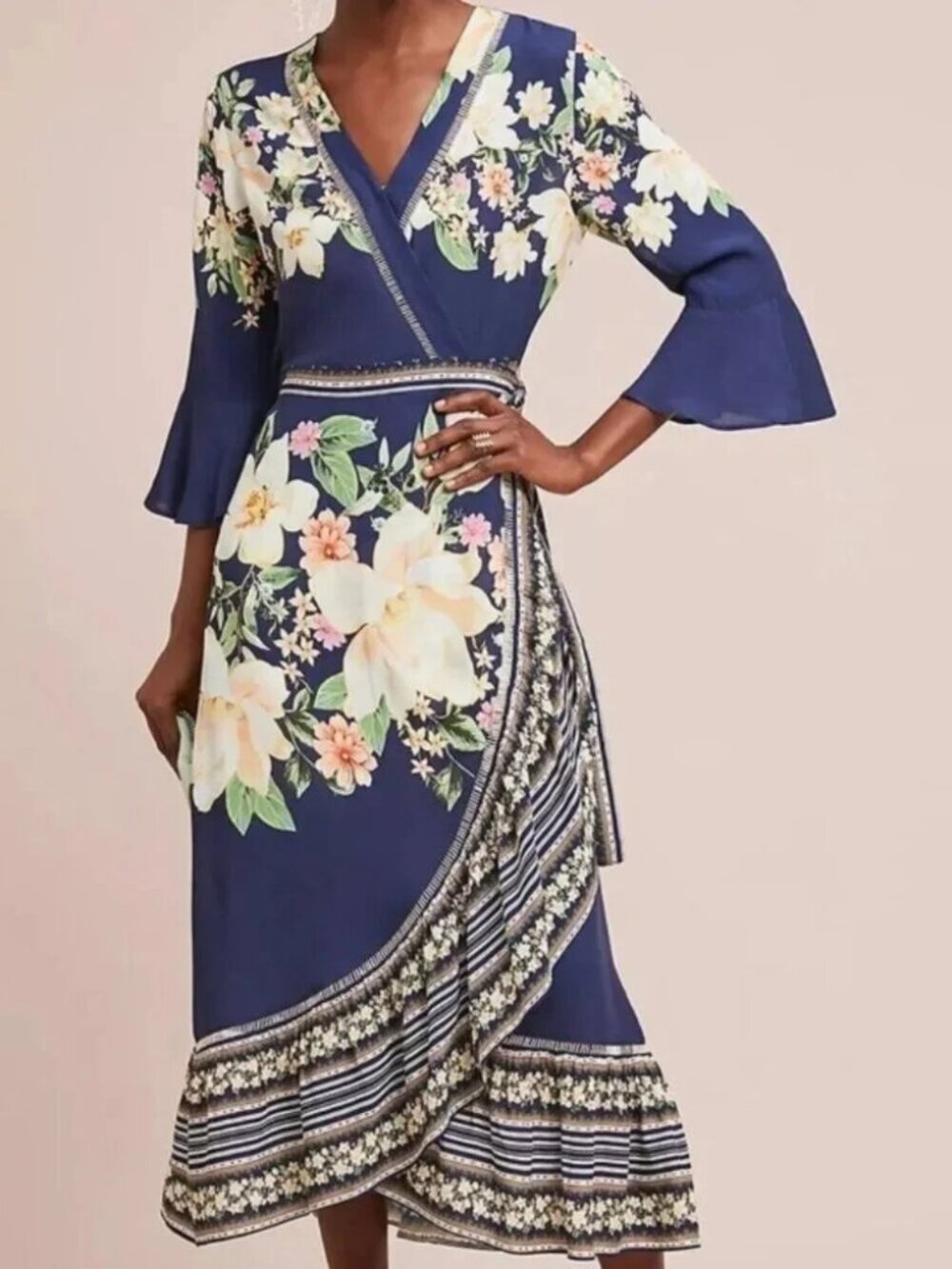 Farm Rio Anthropologie Midnight Flower Ruffle Wrap Dress XS Floral Tropical - Picture 3 of 10